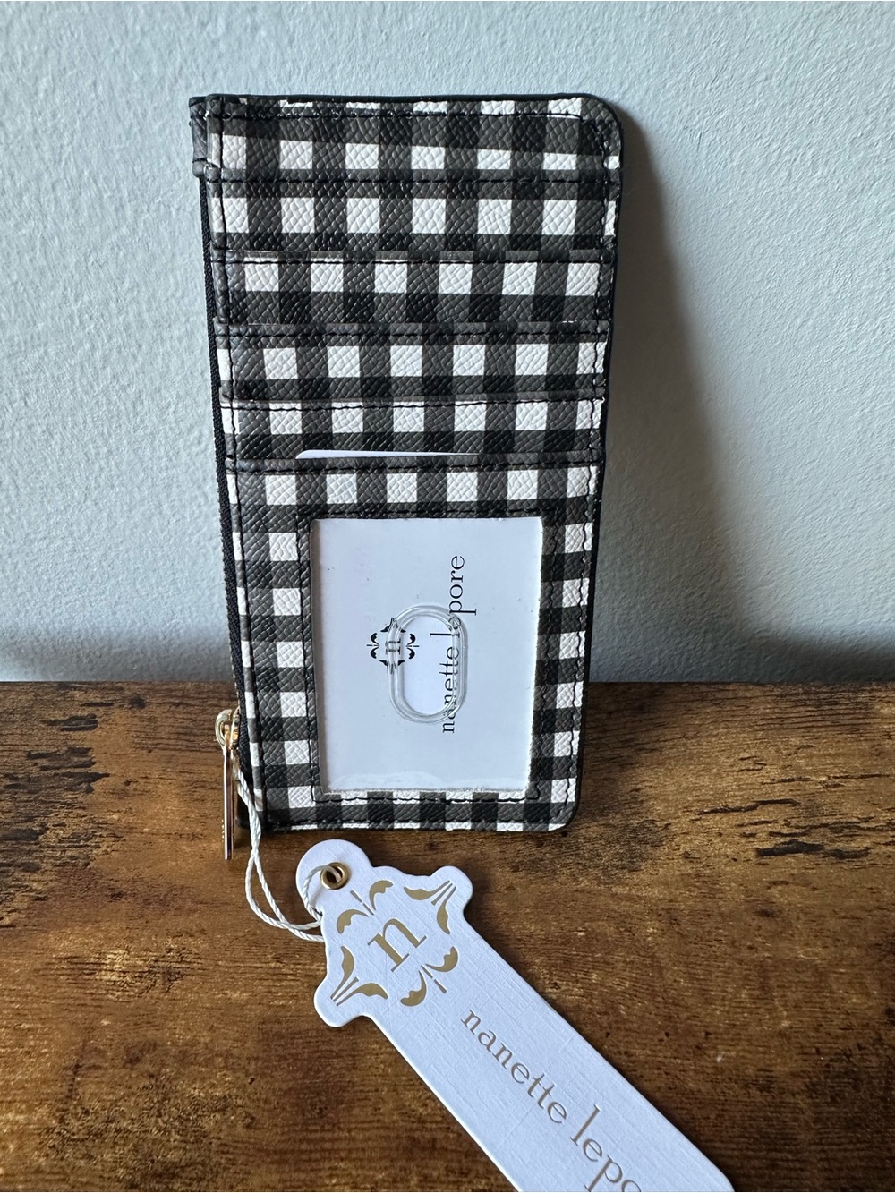 Nanette Lepore Black & White Gingham Card Holder Wallet with Zip Pocket NWT
